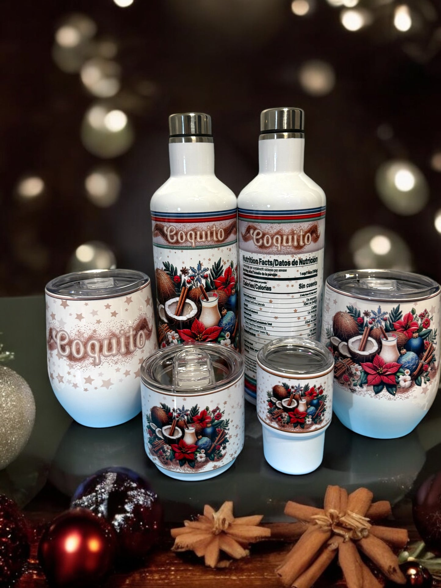 Coquito Bottle Set with funny nutrition facts with two 12 oz cups and FREE Shot glass Shipping in 5-7 days.