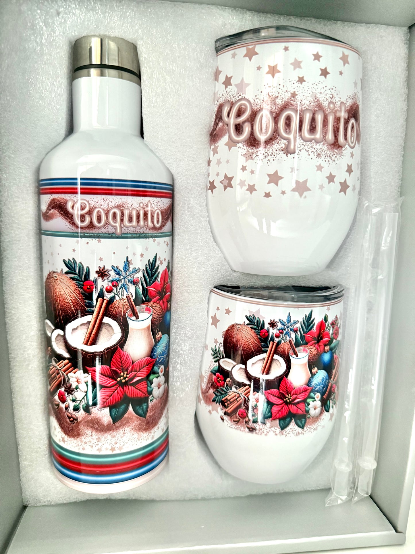 Coquito Bottle Set with funny nutrition facts with two 12 oz cups and FREE Shot glass Shipping in 5-7 days.