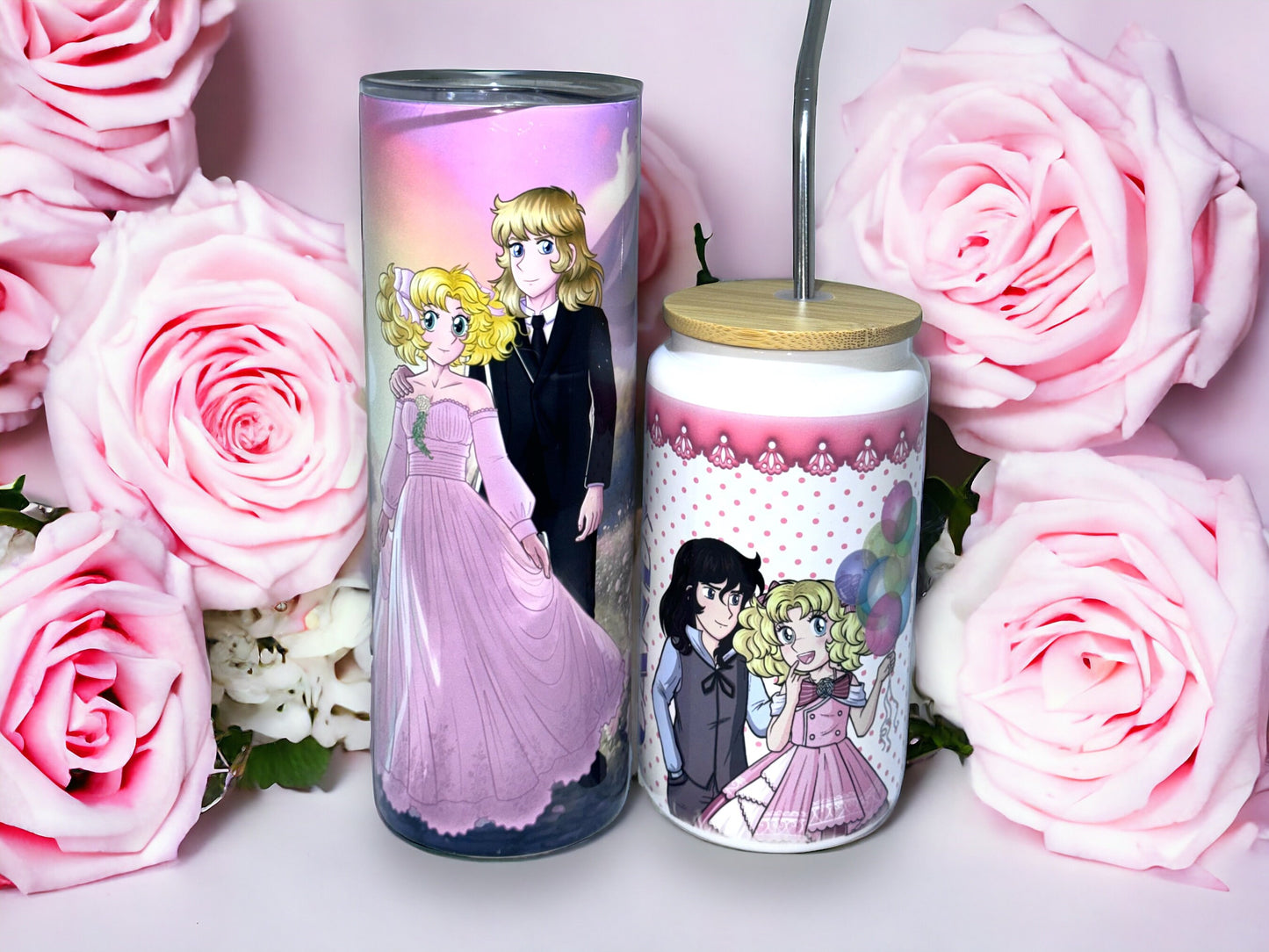 Candy Candy Anime, Candy Candy Manga. Glass cup can with Candy and Friends, Retro. Vaso de cristal de Candy Candy Anime y sus amigos.